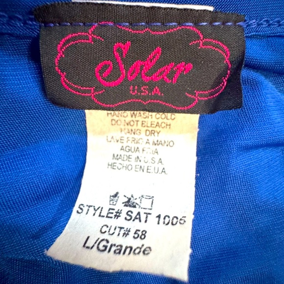 Solar USA Blue& Gold trim Ruffled Front Women's Top w Elastic Waist Large - Picture 6 of 7